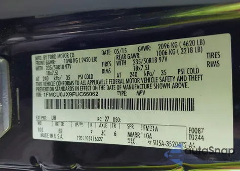 2015 Ford Escape Titanium z USA, uszkodzony, nr VIN 1FMCU0JX9FUC66062